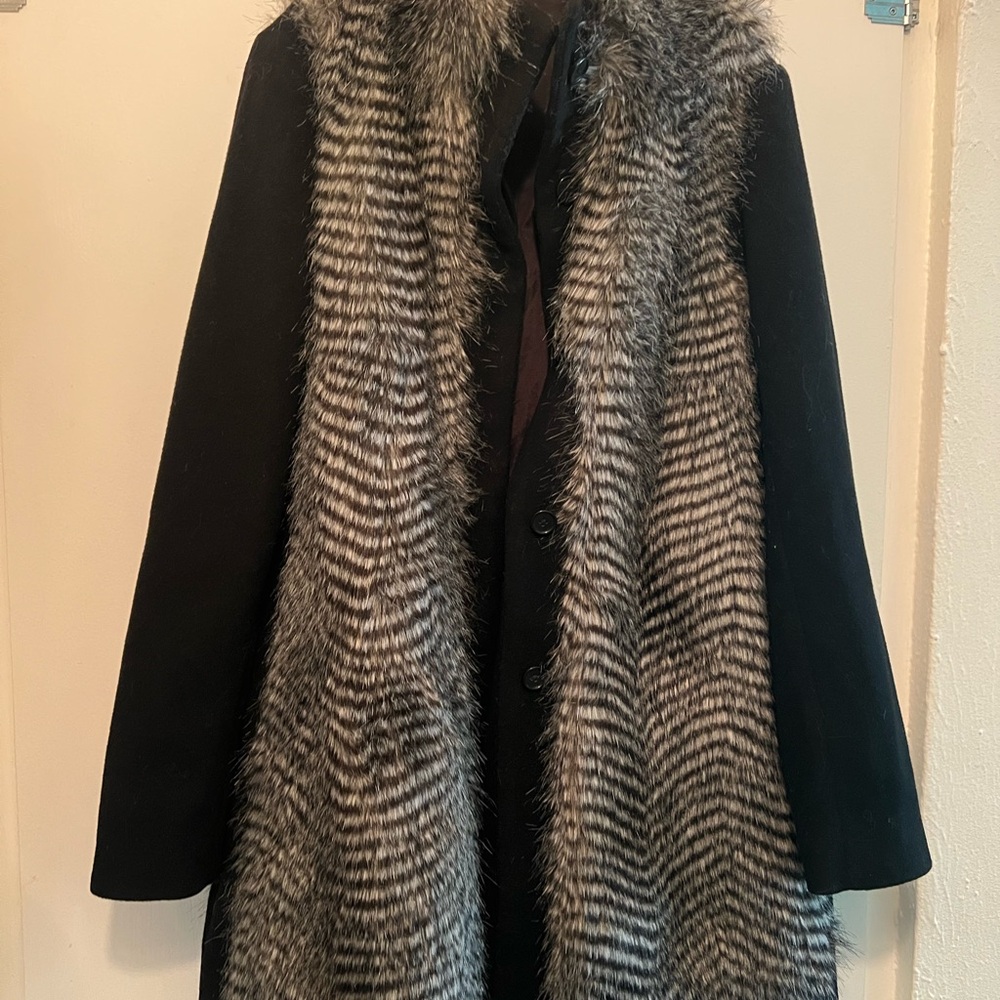 Ann Taylor Black Coat with Faux Fur Trim